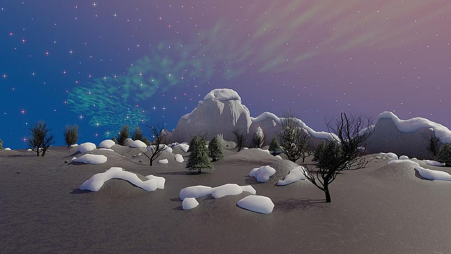 muntanya, aurora boreal, estrelles, arbres, paisatge, neu, hivern, nit, arbre, il·lustració, blau