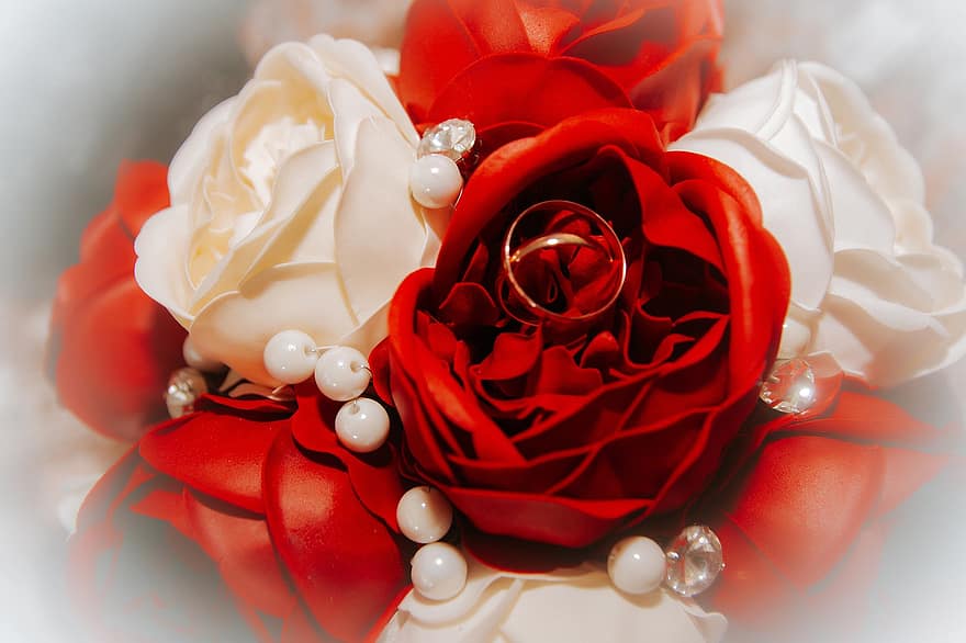 evlilik yüzükleri, güller, düğün buketi, Aşk, romantik, taçyaprağı, düğün, buket, kapatmak, çiçek, arka