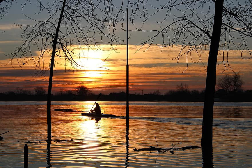 puesta de sol, río, bote, remo, silueta, canoa, reflexión, arboles, agua, Dom, luz del sol