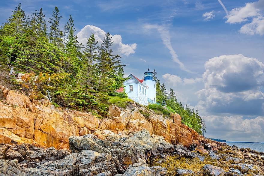 Lighthouse, Bar Harbor, Maine, Rocks, Coast, Rocky Coast, Watchtower, Beacon, Navigation, Landscape, Travel
