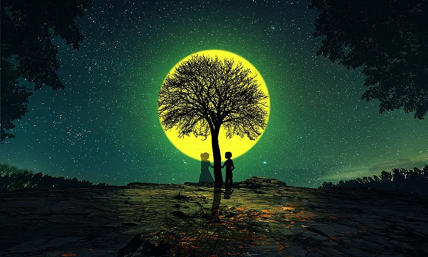 Luna, árbol, amante, noche, naturaleza, fantasía, paisaje, luz de la luna, estado animico, místico, arboles