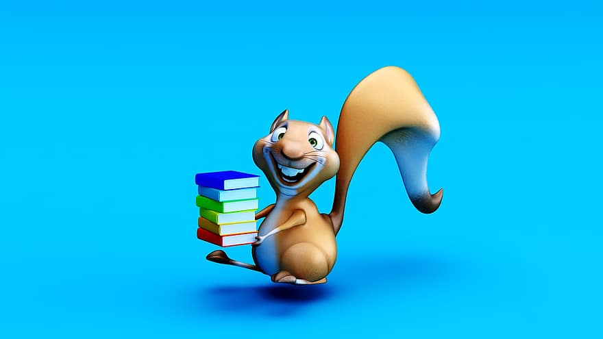 écureuil, dessin animé, 3d, bibliothèque, livre, illustration, mignonne, bleu, personnages, amusement, humour