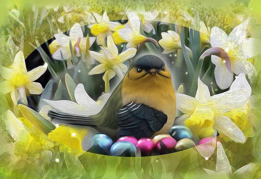 Великден, птица, цветя, нарцис, голяма синичка, илюстрация, карта, Великденски яйца, пружина, Великденски лилии, жълт
