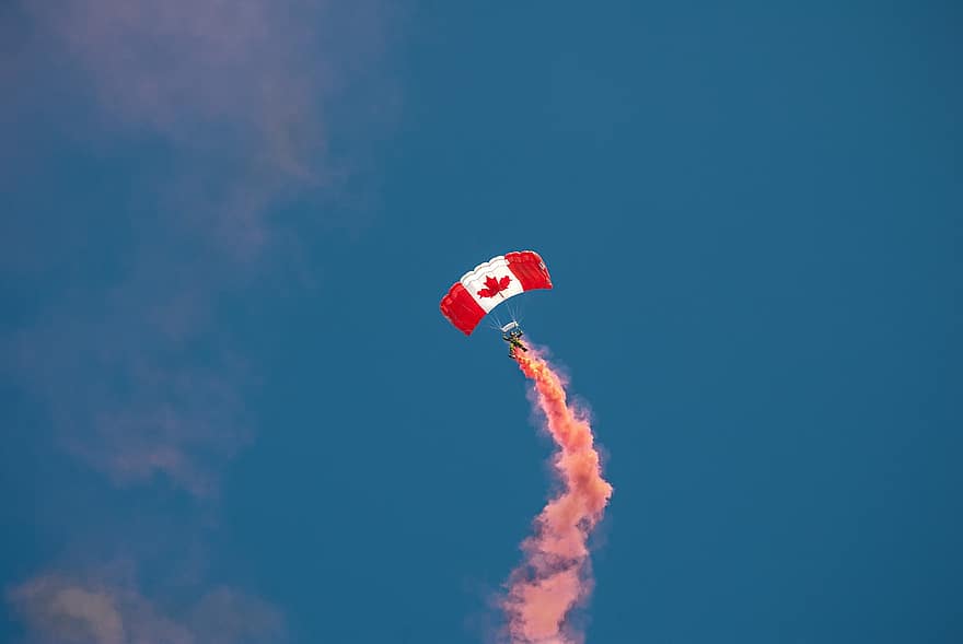 paracaídas, paracaidista, cielo, Canadá, bandera canadiense, fumar, militar, Ejército
