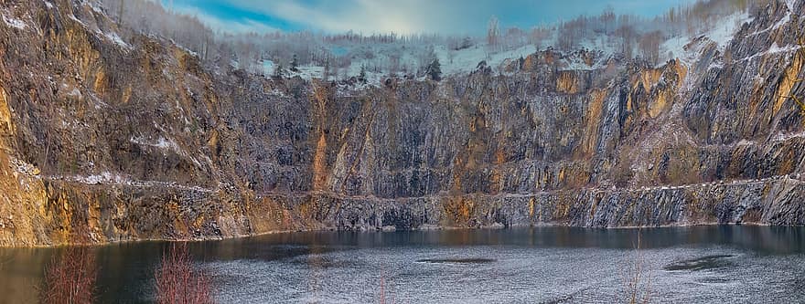 Lake, Mountains, Quarry, Water, Nature, Rock, Reflection, Stretch, Winter, Snow, Panorama