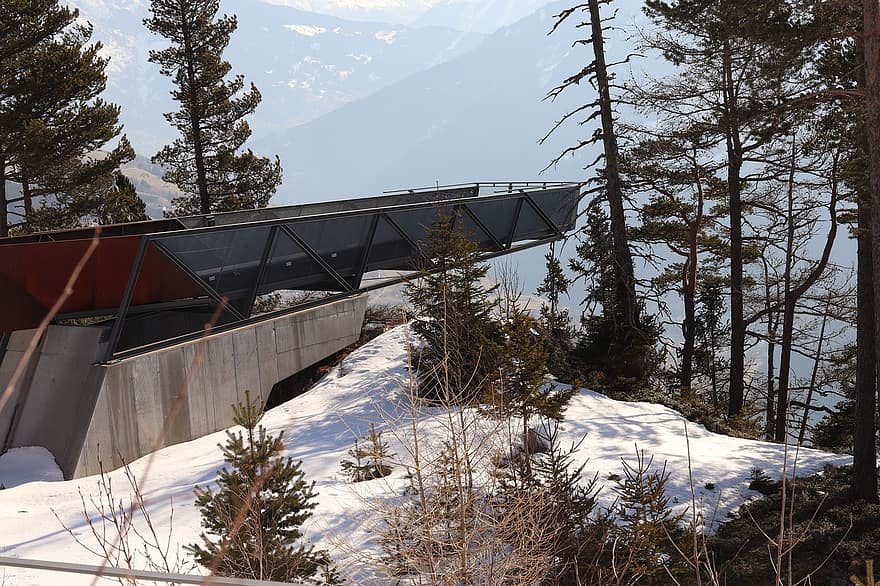 invierno, naturaleza, temporada, plataforma de observación, construcción, arquitectura, Wenns Piller Tirol, Tirol, Austria, Valle de Pitztal, nieve