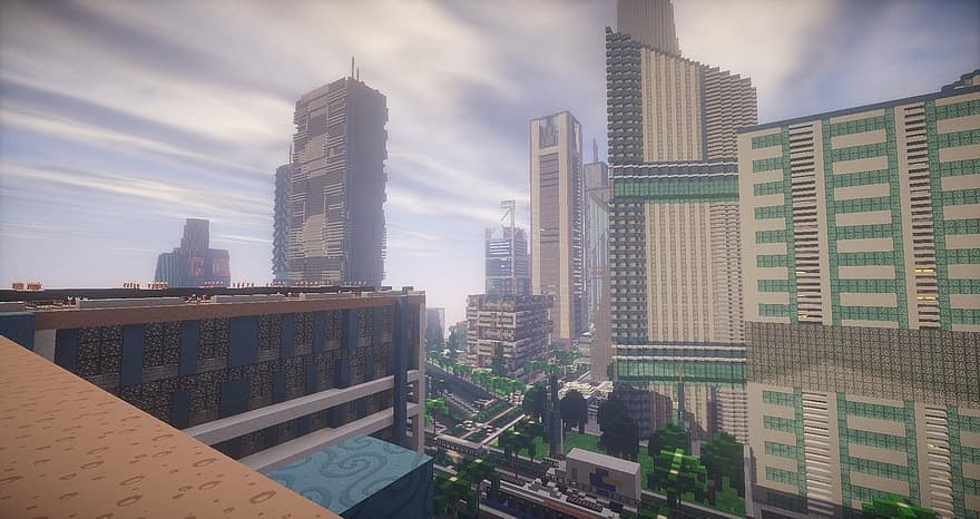 Minecraft, mapa, ciudad, rascacielos, sombreador, abundancia de nubes, la carretera, arboles, precipitado