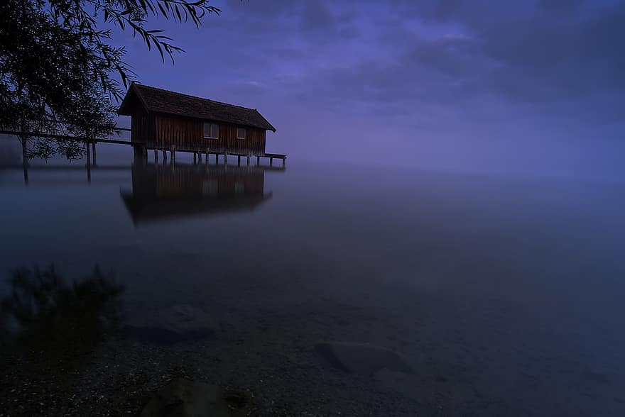 озеро, туман, човновий будинок, краєвид