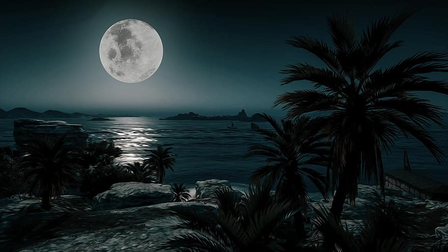 Luna, noche, cielo, papel pintado, fantasía, naturaleza, cielo nocturno, Luna llena, luz de la luna, oscuridad, árbol