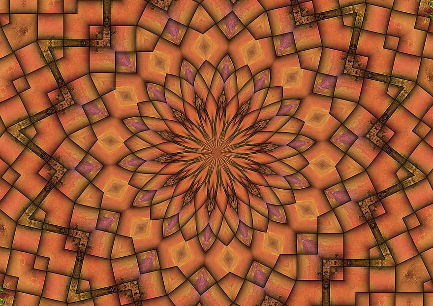 Kaleidoscope, Floral Pattern, Rosette, Background, Wallpaper, Art, Orange Background, pattern, backgrounds, abstract, decoration