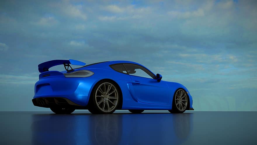 bil, Porsche Cayman Gt, sportbil, fordon, 3d render, 3d Mockup, fart, transport, landfordon, hjul, blå