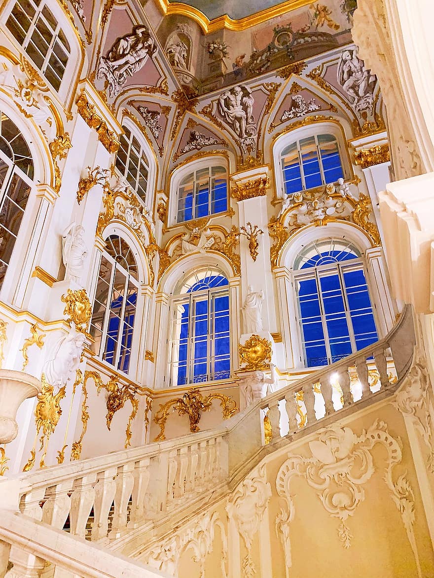 musée de l'ermitage, escaliers, intérieur, ermitage, Saint-Pétersbourg, Russie, musée, architecture, les fenêtres, escalier, christianisme