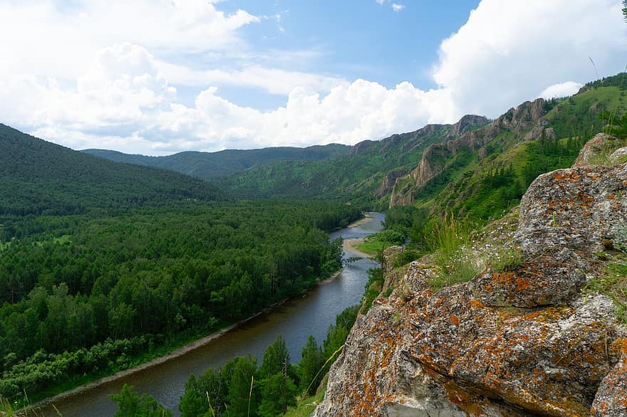 flod, natur, rejse, udforskning, udendørs, Yyus, Khakassia, bjerge, turisme, bjerg, Skov