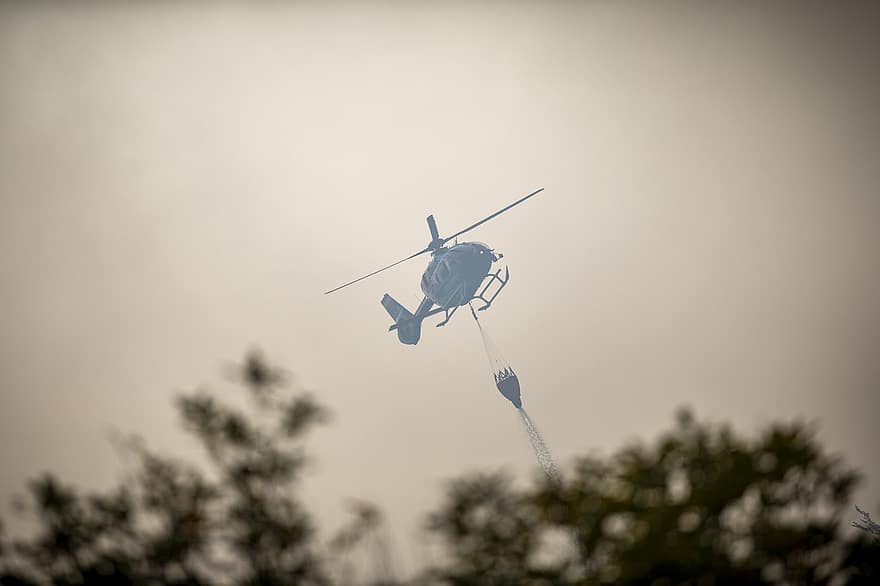 helikopter, tűzoltás, erdőtűz, légi tűzoltás, tűzoltóság, vödör, Eurocopter Ec135, repülőgép, füst
