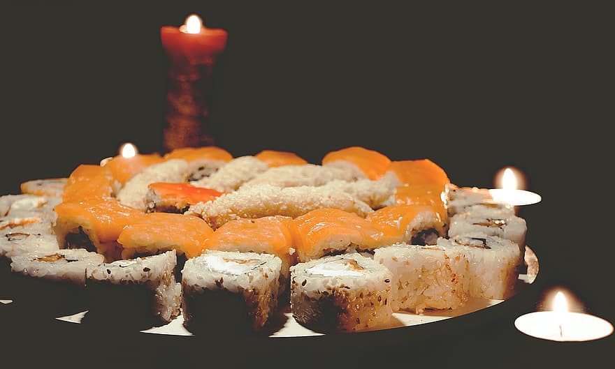 sushi, alimente, lumânări, masă, sashimi, farfurie, rulou, fructe de mare, bucătărie, gustos, delicios