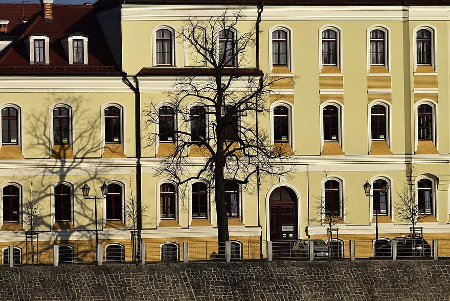 immeubles, Pologne, ville, façade, Urbain, architecture, extérieur du bâtiment, la fenêtre, structure construite, arbre, jaune