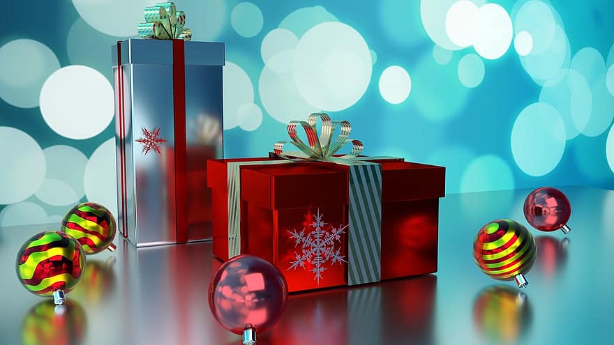 karácsonyi dobozok, ajándék, ünnep, piros, dekoráció