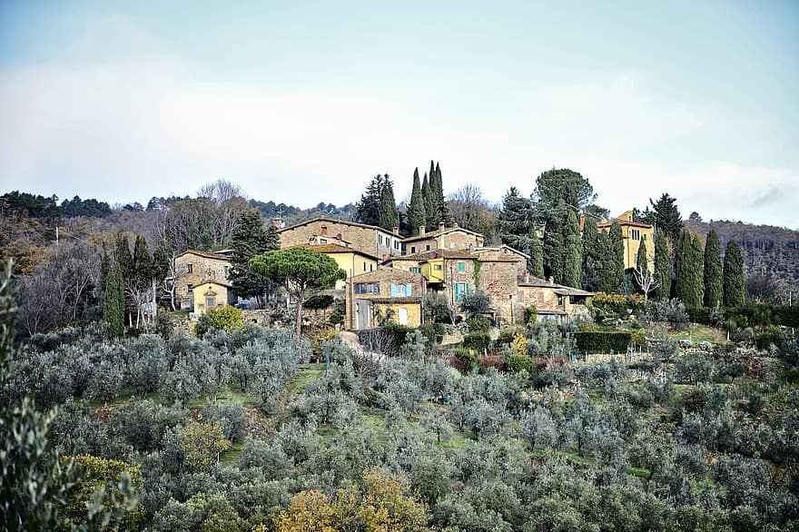 villa, träd, kulle, solnedgång, egendom, skymning, lantlig, landsbygden, Via Delle Tavarnuzze, florens, chianti
