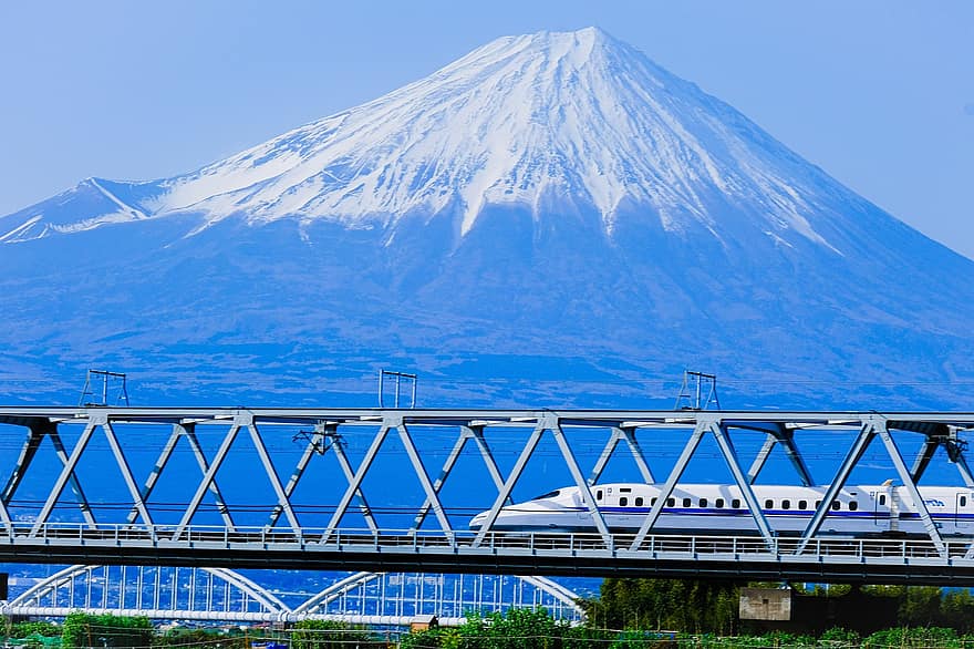 Гора Фудзи, скоростной поезд, гора, мост, железная дорога, рельсовый транспорт, поезд, Синкансэн, Япония, снег, путешествовать