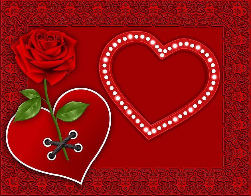 картки, червоний, серце, дизайн, Червона роза, фон