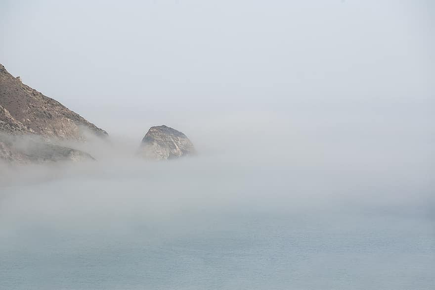 köd, tengerpart, természet, ködös, hegyek