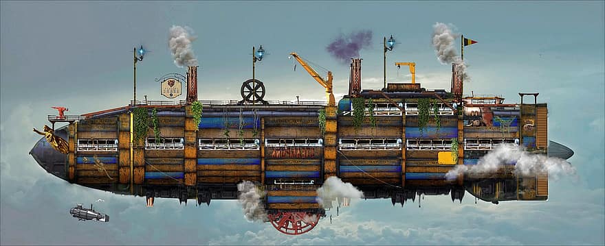 Luftschiff, Steampunk, Fantasie, Science-Fiction, Dieselpunk, Atompunk, Himmel, Dampf, Industrie, Wasserfahrzeug, Transport