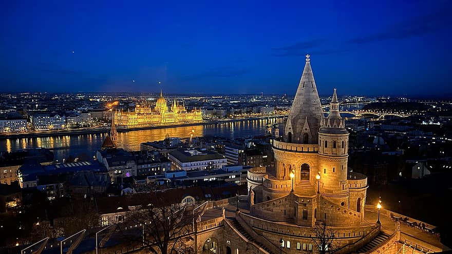 Budapeste, Hungria, bastião do pescador, ponto de referência, parlamento, Europa, Danúbio, rio, noite, lugar famoso, paisagem urbana