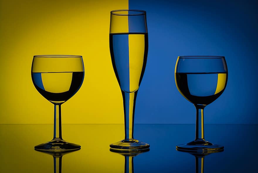 brydning, briller, glasvarer, blå, gul, afspejling, gradient, vignet, alkohol, vin, drikkeglas