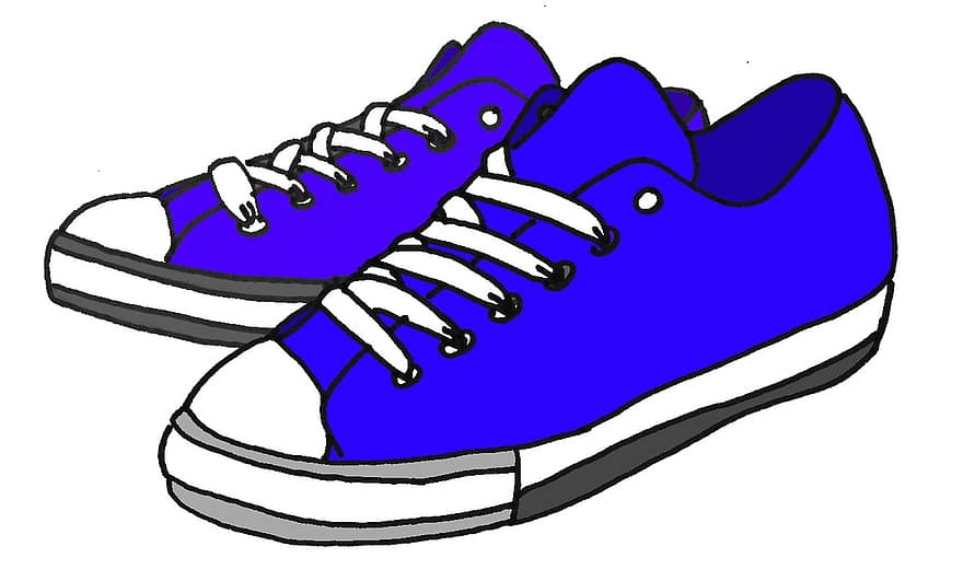 Cartoon, Drawn, Blue, Shoes, Sneakers, Tennis