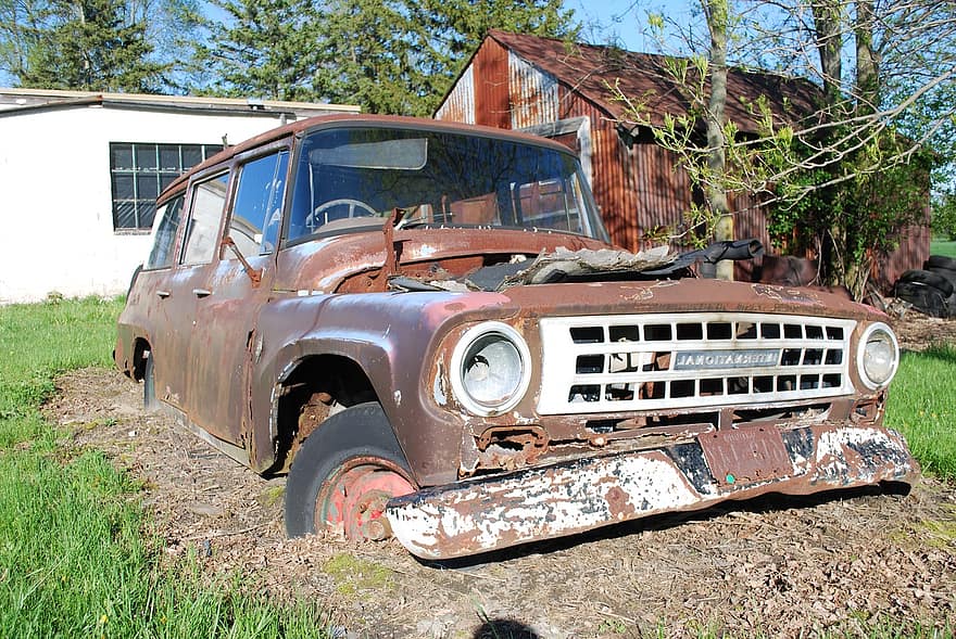 bil, gammel, rusted, metall, antikk, retro, sommer, varm, årgang, skrap, utendørs