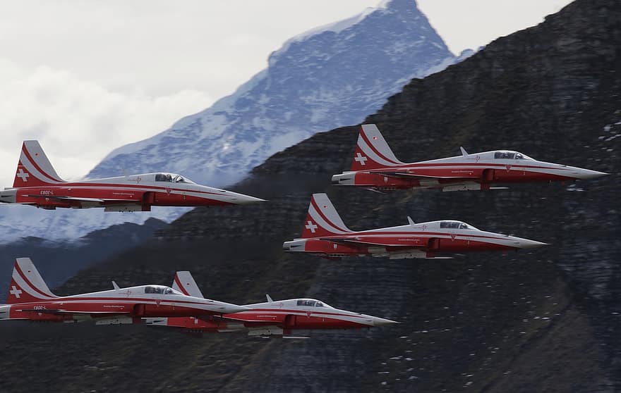 jets, vliegtuig, Northrop F-5e Tiger, patrouille suisse, turbine, leger, luchtmacht, lucht schieten, Jet, warbird