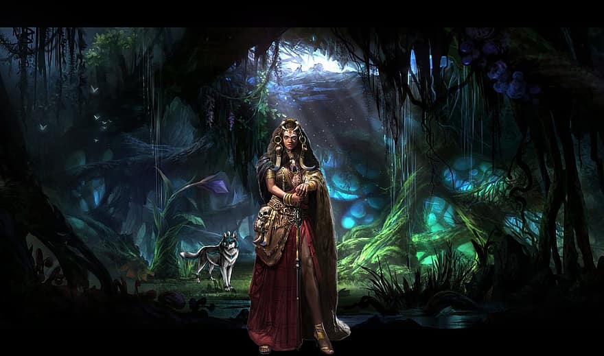 Hintergrund, Wald, mystisch, Krieger, Wolf, Fantasie, weiblich, Charakter, digitale Kunst
