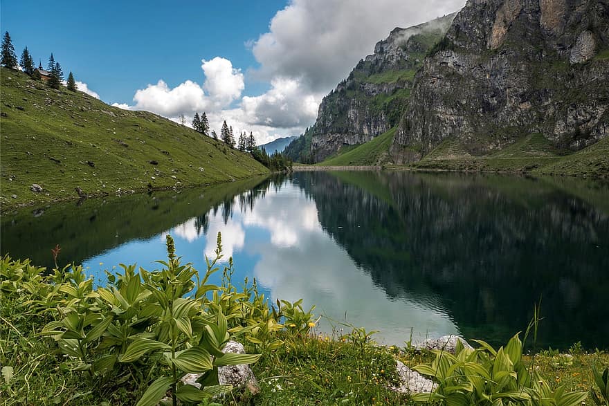 Bergsee, depósito, paisaje, montañas, alpino, Suiza, reflejo, sendero, excursionismo, lago, Bann Alpsee