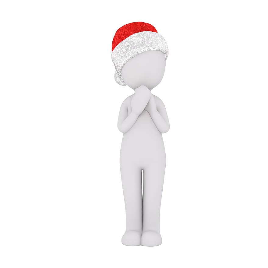 hombre blanco, modelo 3d, figura, blanco, Navidad, sombrero de Santa, cuerpo completo, orar, Dios, manos, doblez