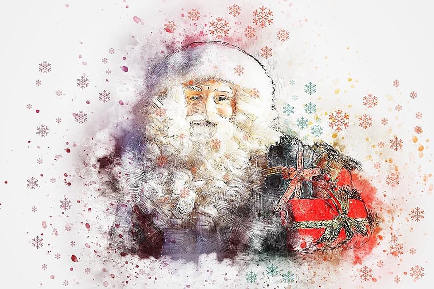 Boże Narodzenie, Święty Mikołaj, prezent, sztuka, abstrakcyjny, akwarela, zabytkowe, kolorowy, podkoszulek, artystyczny, projekt