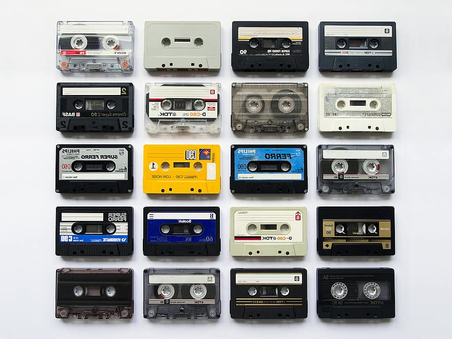 kassettebånd, årgang, musik, mønster, baggrund, kollektion, kassette, bånd, indspilning, analog, lyd