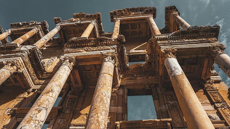 celsus biblioteka, senovės, Turkija, Efeso Celso biblioteka, griuvėsiai, stulpelius, architektūra, archeologija