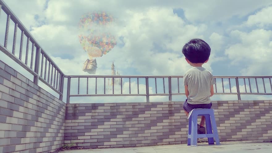 Late Stage, Character, Child, Boy, Rear View, Look At The Sky, Dream, Roof, Wating, A Separate, Fantasy