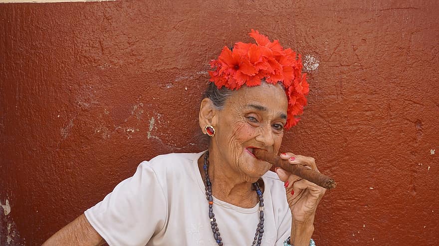 cygaro, kobieta, stary, Kuba