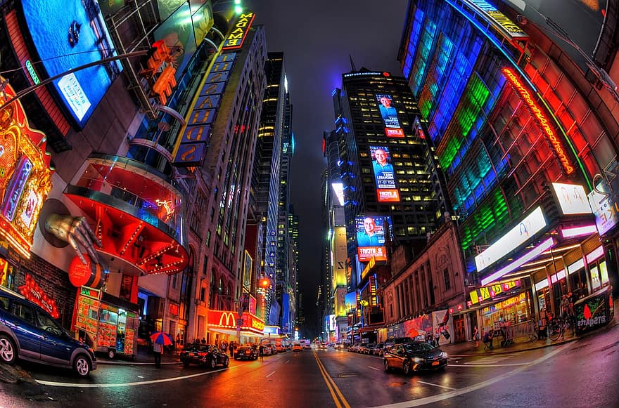 New York City, by, vei, natt, gate, trafikk, bybildet, bygninger, lys, allé, biler