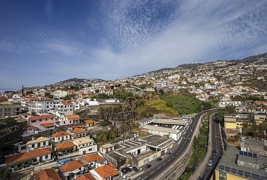 talot, rakennukset, kaupunki, Funchal, Madeira, Portugali, arkkitehtuuri, tie, saari, taivas, pilviä