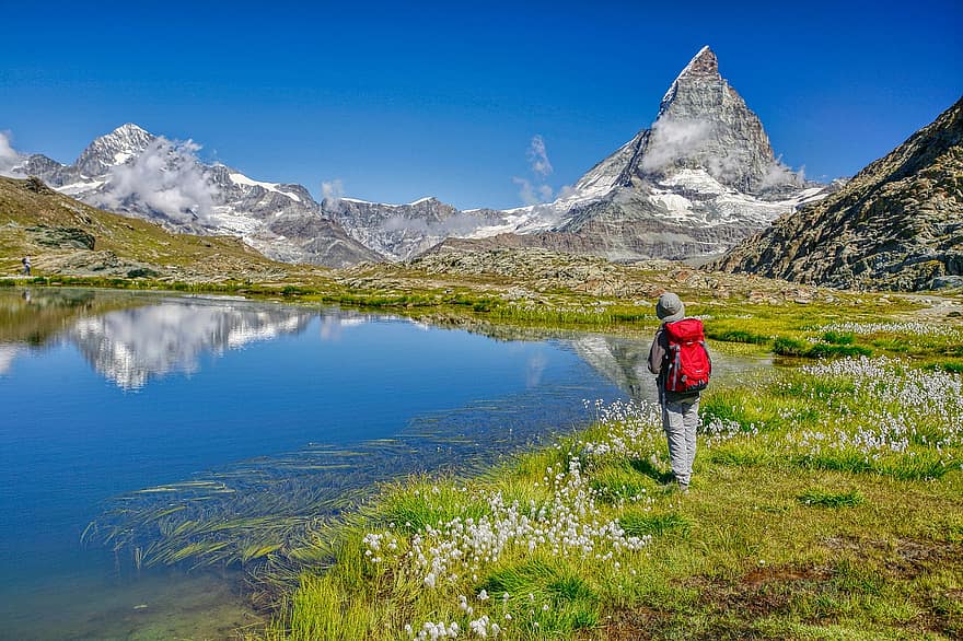 montanhas, homem, pessoa, lago, grama, flores, neve, névoa, caminhada, matterhorn, zermatt