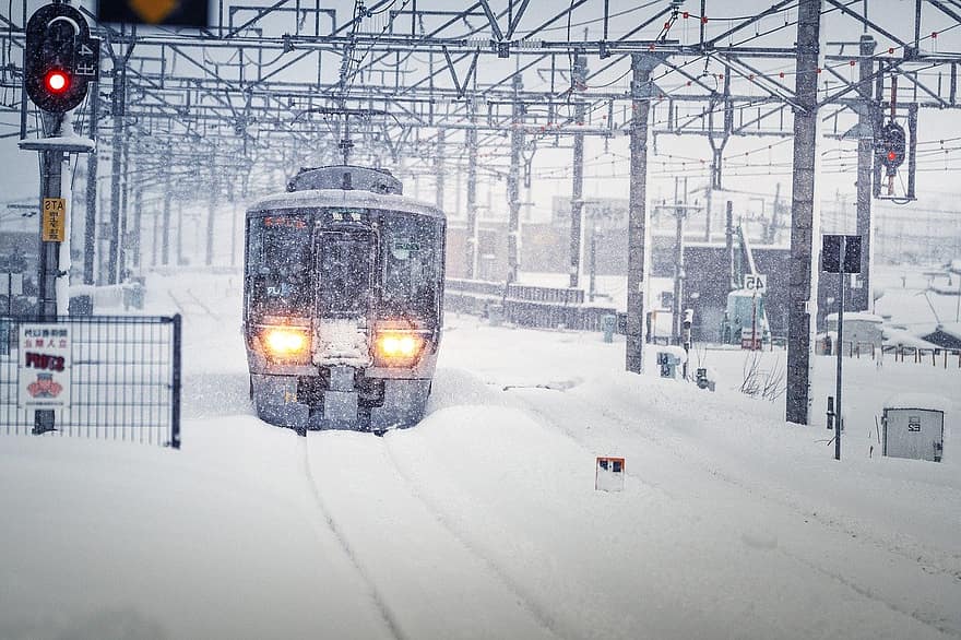 tåg, snöstorm, snö, vinter-, Norra sjön Biwa