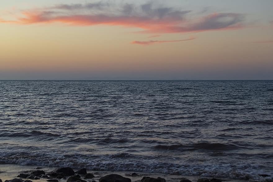 hav, bølge, kyst, solnedgang, skumring, natur, vand, marinemaleri, horisont, himmel, Persiske Golf
