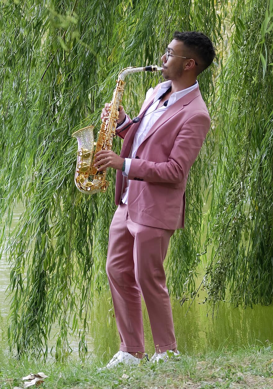 Man, Suit, Saxophone, Wind Instrument, Music, Musician, Person, Playing, Willow, Tree, Leaves