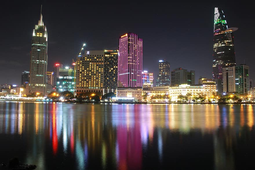 Saigon, ville, nuit, rivière, paysage urbain, Ho Chi Minh-Ville, le vietnam, l'horizon, grattes ciels, immeubles, Urbain