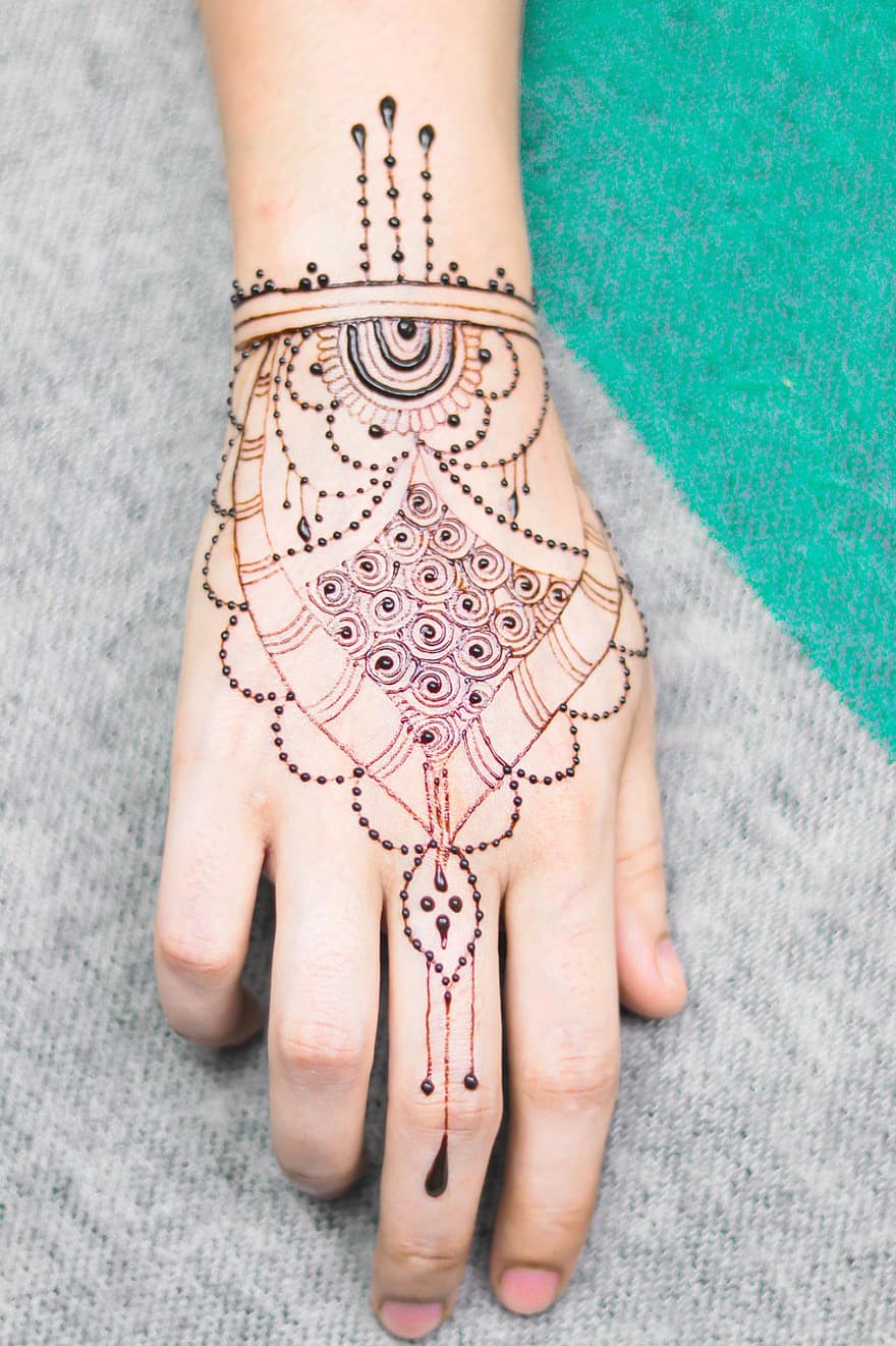 meisje, hand-, mendi, natuurlijk, huwelijk, lichaam, verf, patroon, Indië, ontwerp, schoonheid
