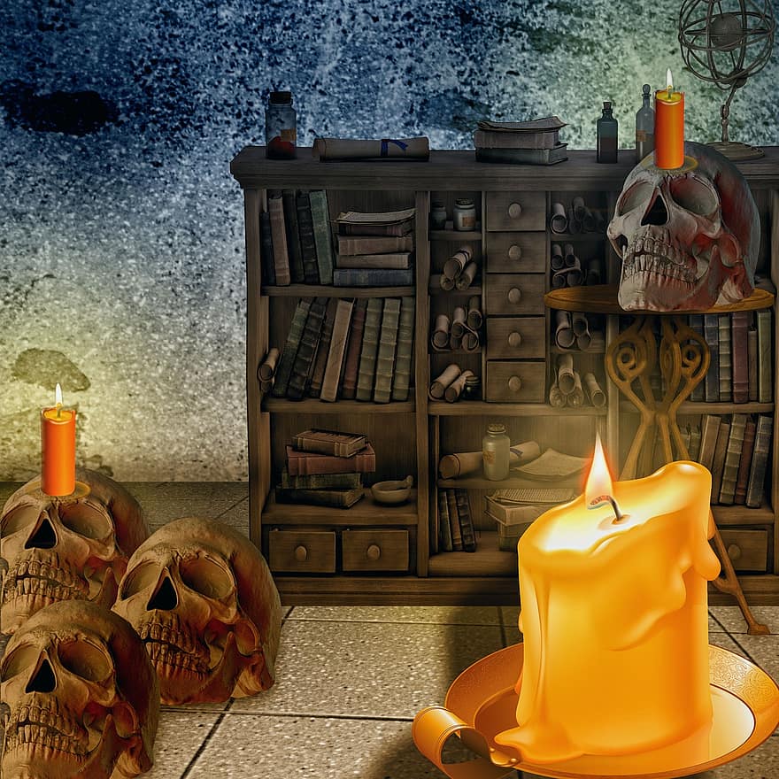 Candle, Skull And Crossbones, Cabinet, Light, Wax, Skull, Burn, Wick, Book Cover, Background, Candlelight