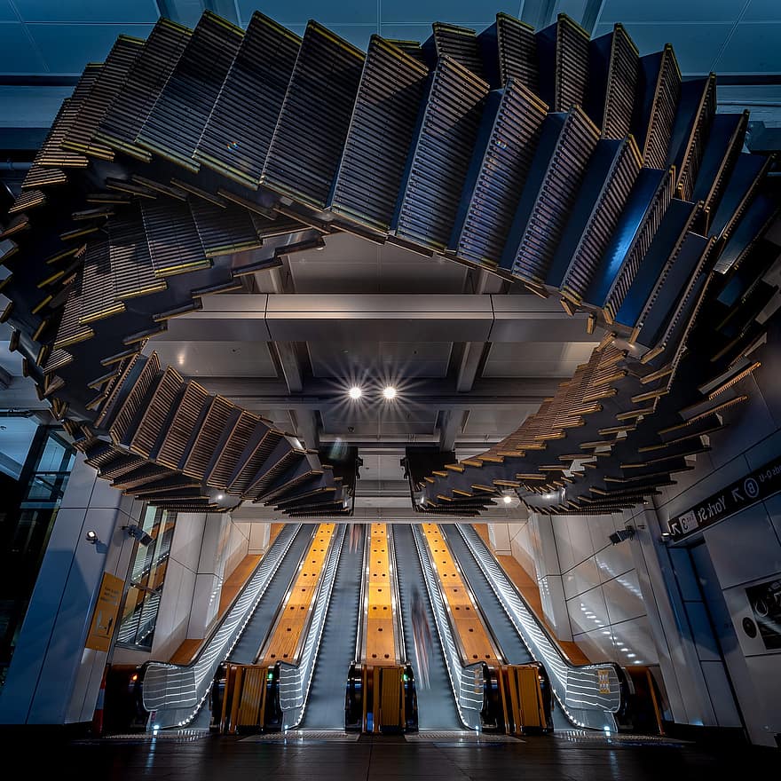 Rolltreppe, die Architektur, Bahnhof, städtisch, drinnen, modern, futuristisch, Treppe, Technologie, Innen, Metall