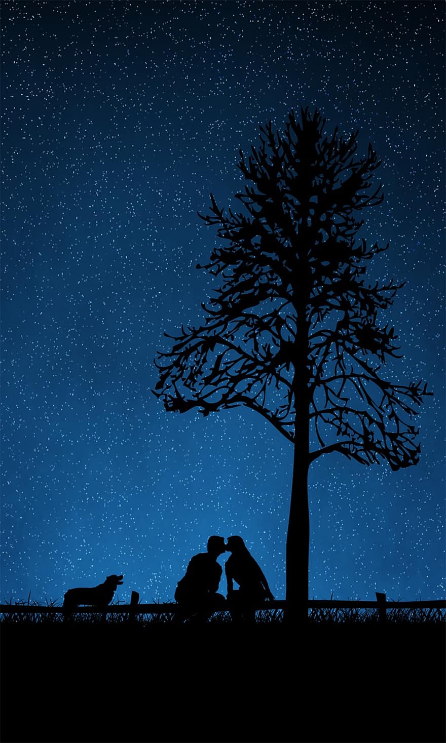 casal, campo, árvore, cão, noite, céu estrelado, amor, Beijos, romance, noivos, papel de parede